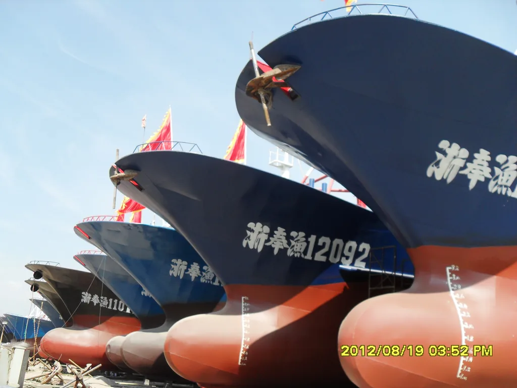 Finished fishing boat hulls with marine anti-corrosion coating