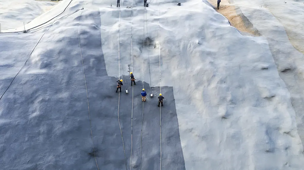Reservoir rock-like slope area with polyurea waterproofing membrane