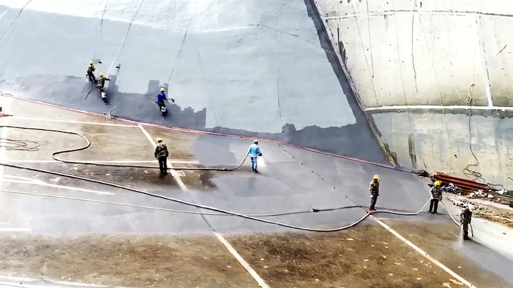 Spray application work on reservoir waterproofing area