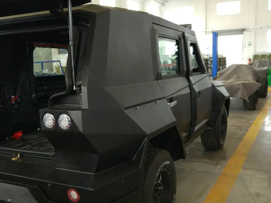 Rear view of special-purpose vehicle with matte black polyurea protective coating