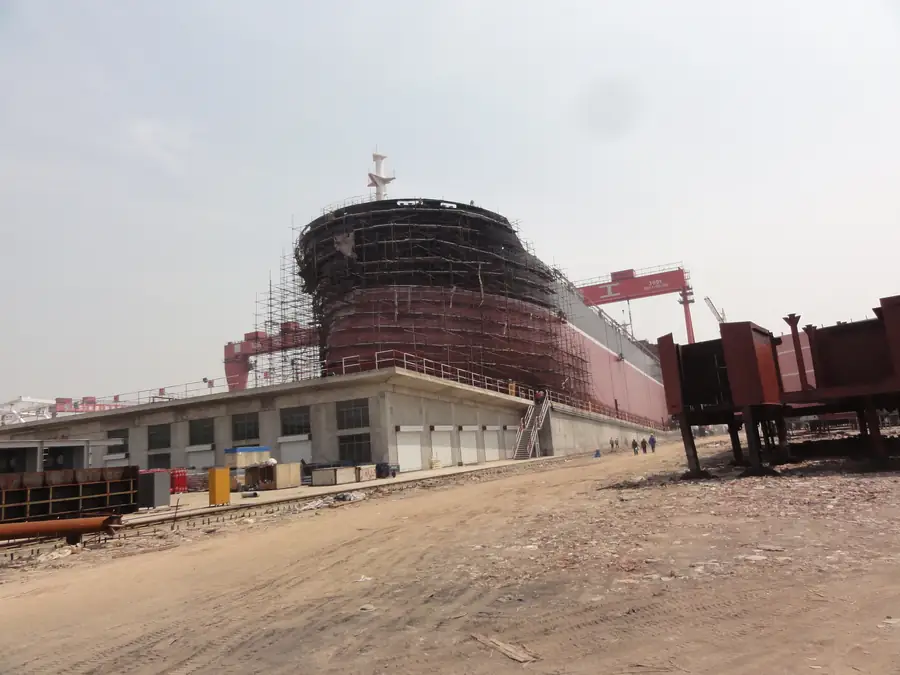 Large marine steel side shell during exterior hull coating work