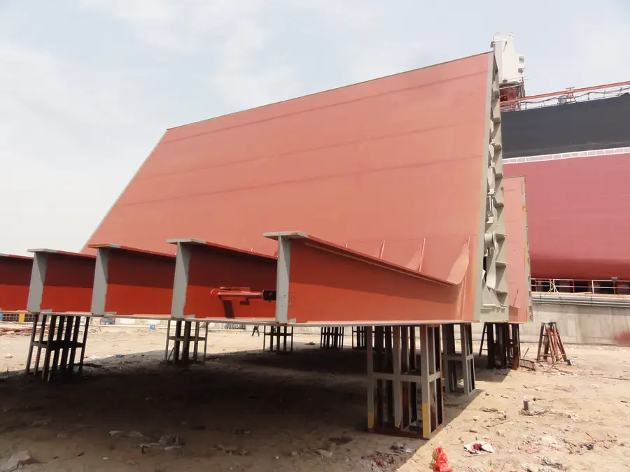 Ship exterior steel side shell section prepared for protective coating