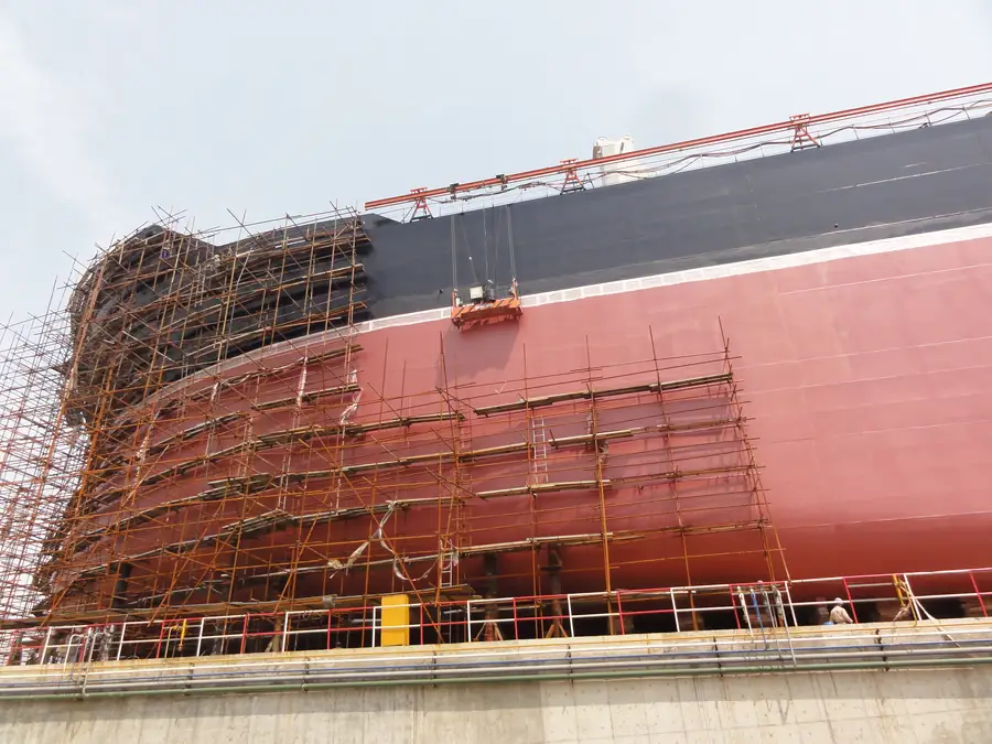 Ship hull side shell and scaffold area during protective coating work
