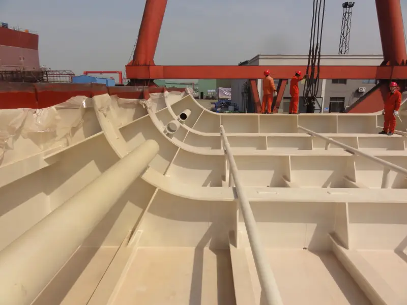 Ship internal steel structure with pipe opening and protective coating