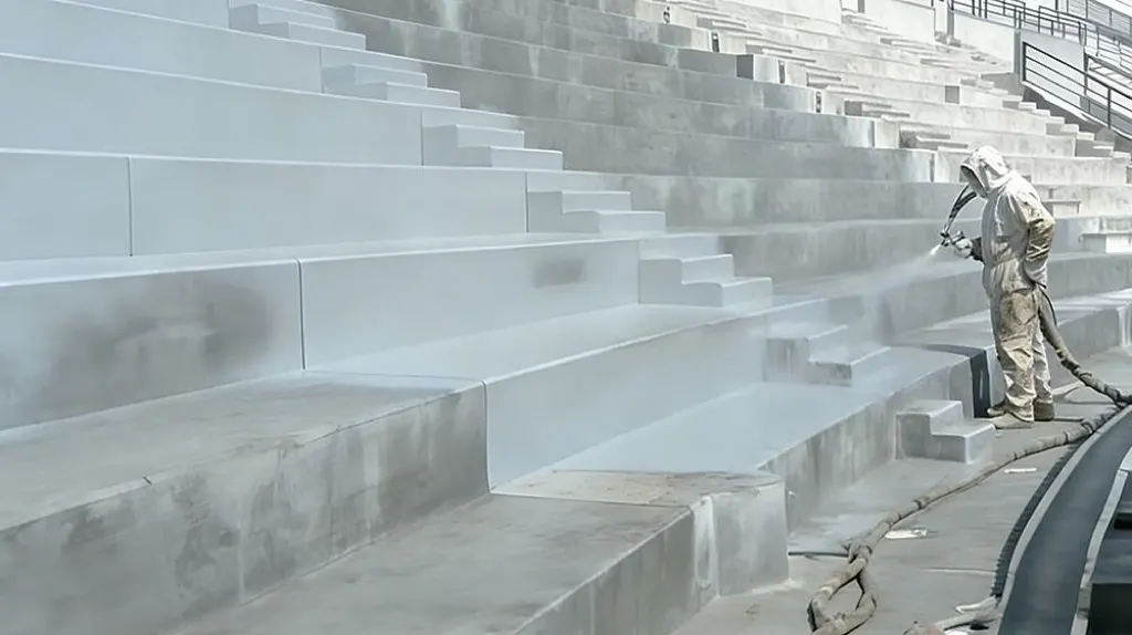 Stadium stand waterproofing coating with exposed pedestrian surface protection