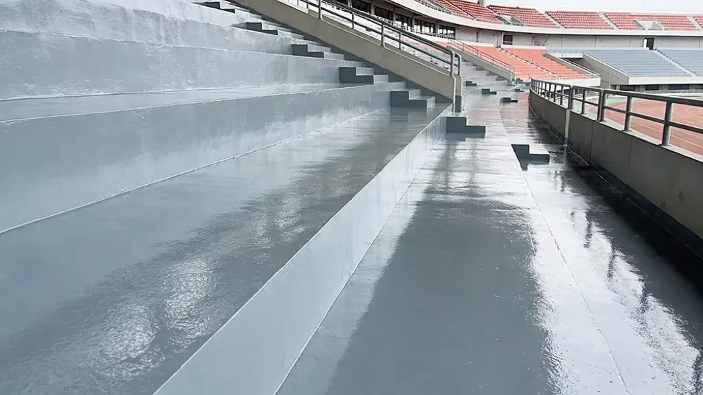 Overview of stadium stands with polyurea waterproofing and wear protection coating