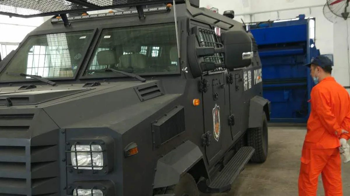 Riot control vehicle exterior with matte spray polyurea surface protection